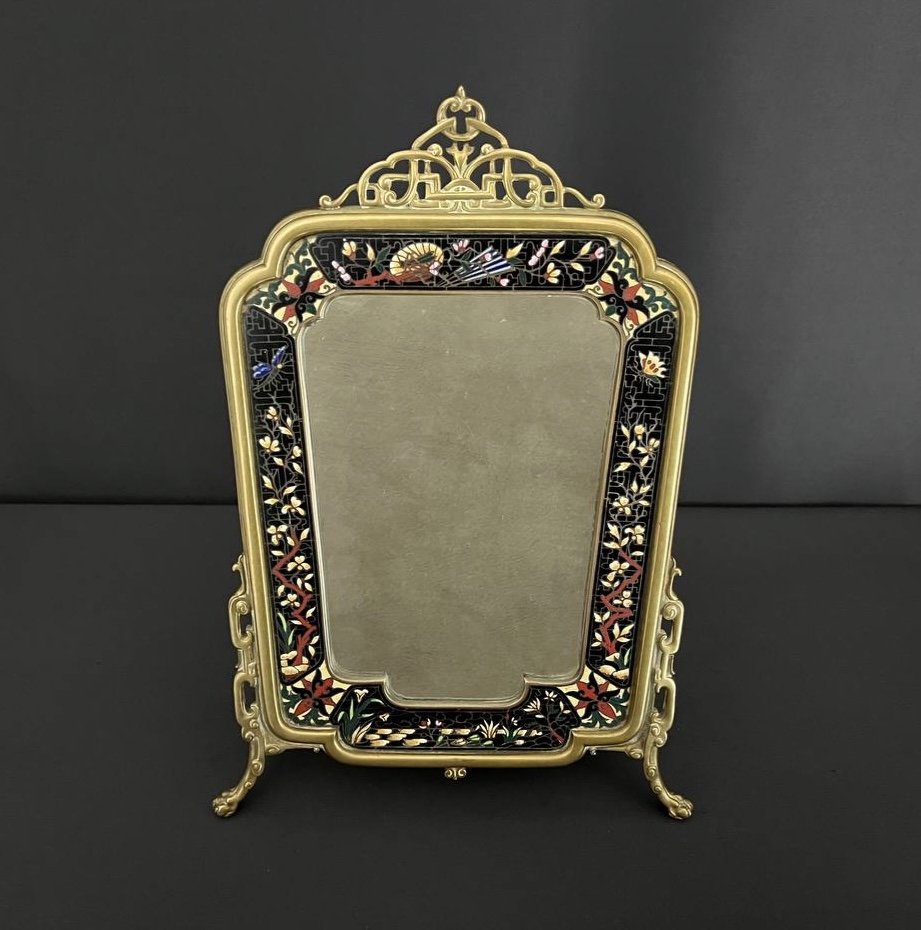 Polychrome Bronze And Cloisonné Enamel Mirror With Butterfly Decor-photo-1