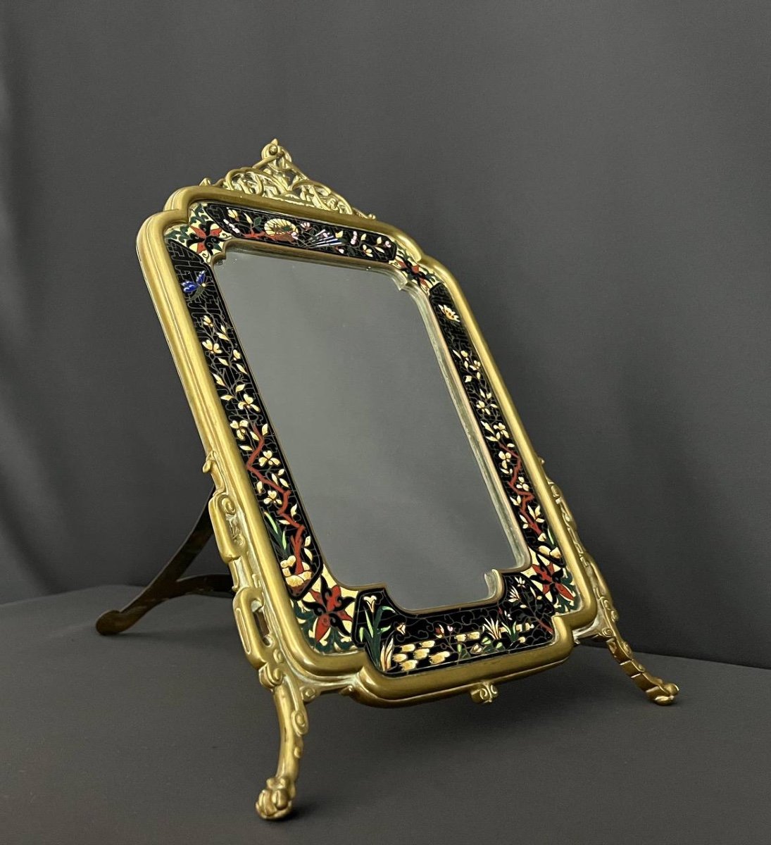 Polychrome Bronze And Cloisonné Enamel Mirror With Butterfly Decor-photo-2