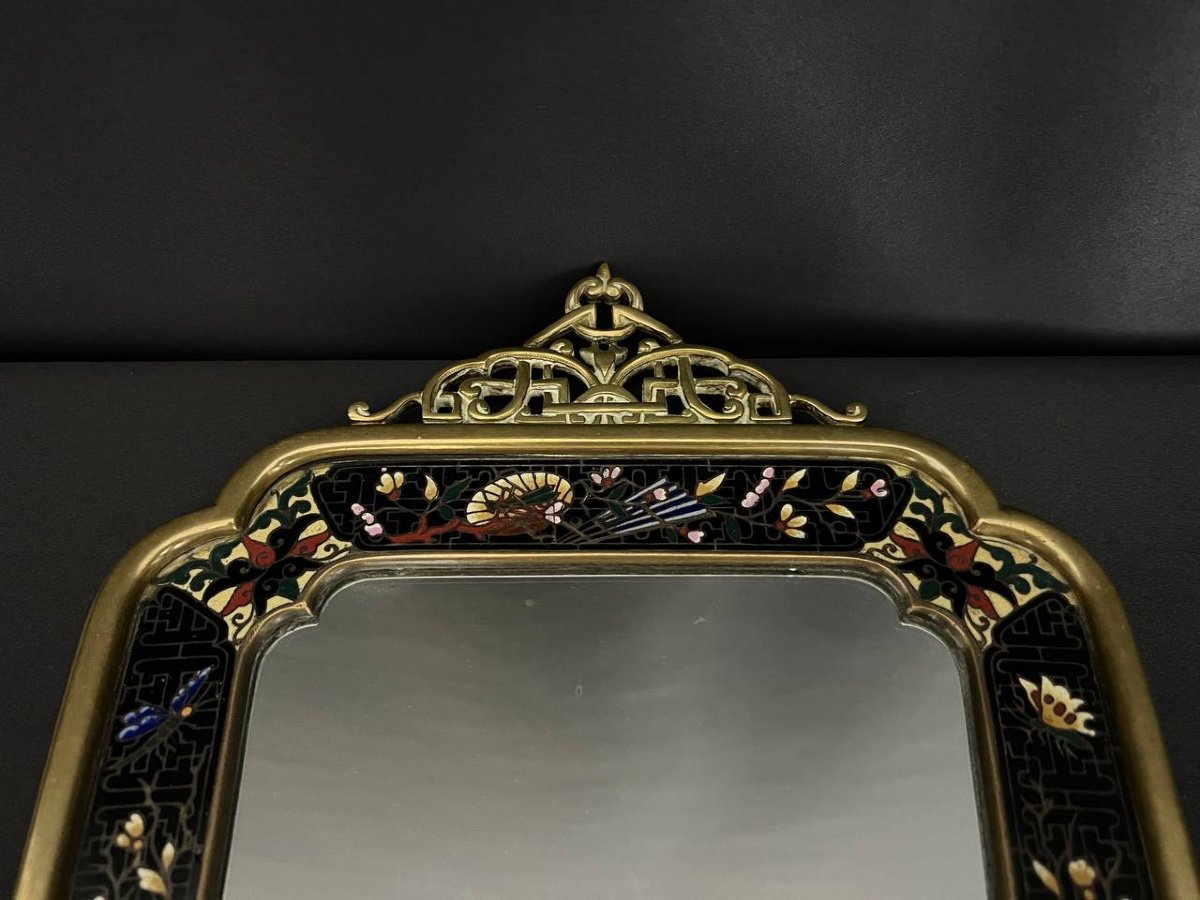 Polychrome Bronze And Cloisonné Enamel Mirror With Butterfly Decor-photo-5