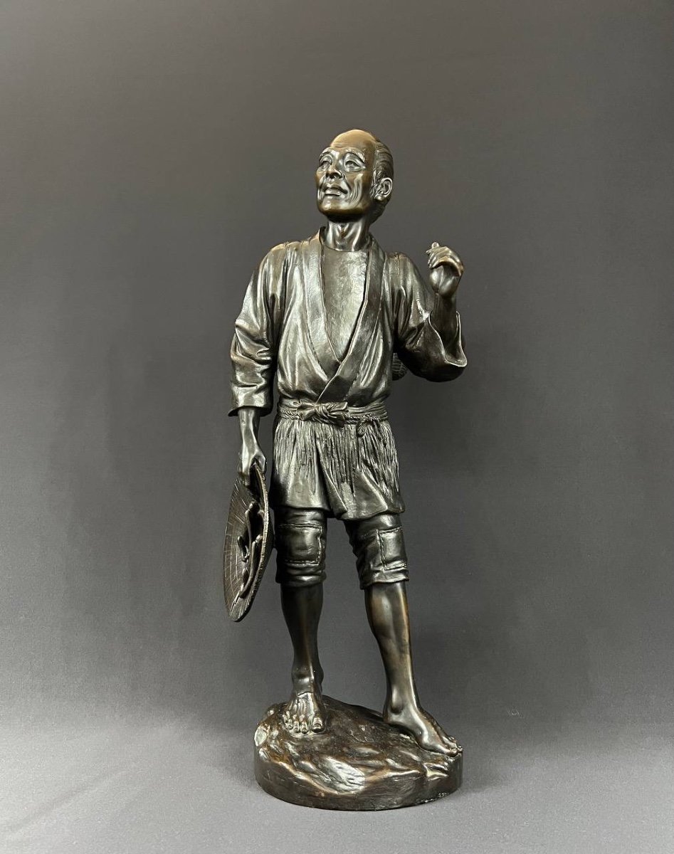 Japon - Epoque Meiji (1868 - 1912) Grand Okimono En Bronze à Patine Brune-photo-2