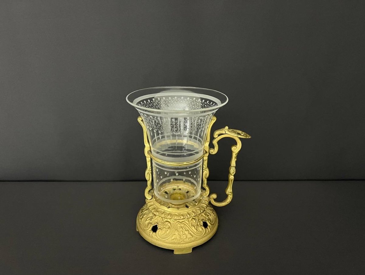 Candlestick In Gilded Bronze And Engraved Crystal. 19th Century-photo-2