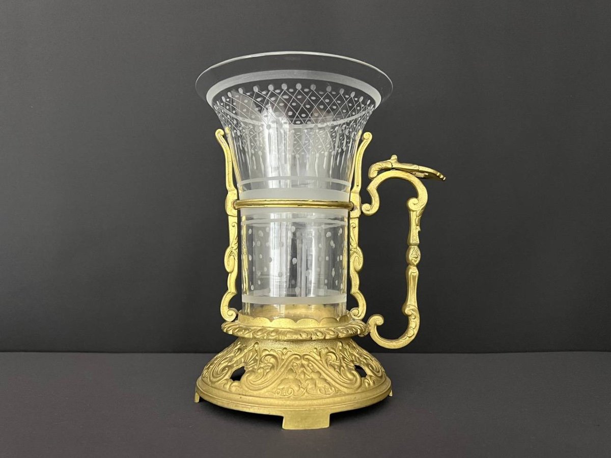 Candlestick In Gilded Bronze And Engraved Crystal. 19th Century-photo-3