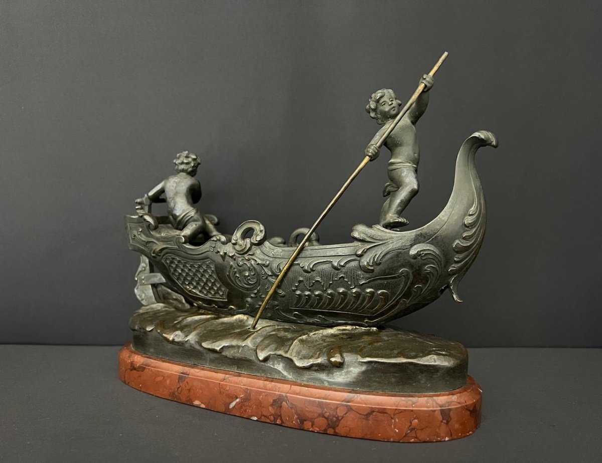 Sujet En Bronze Attribuée à Sylvain Kinsburger (1855-1935). Bateau Guidé Par Deux Amours-photo-3