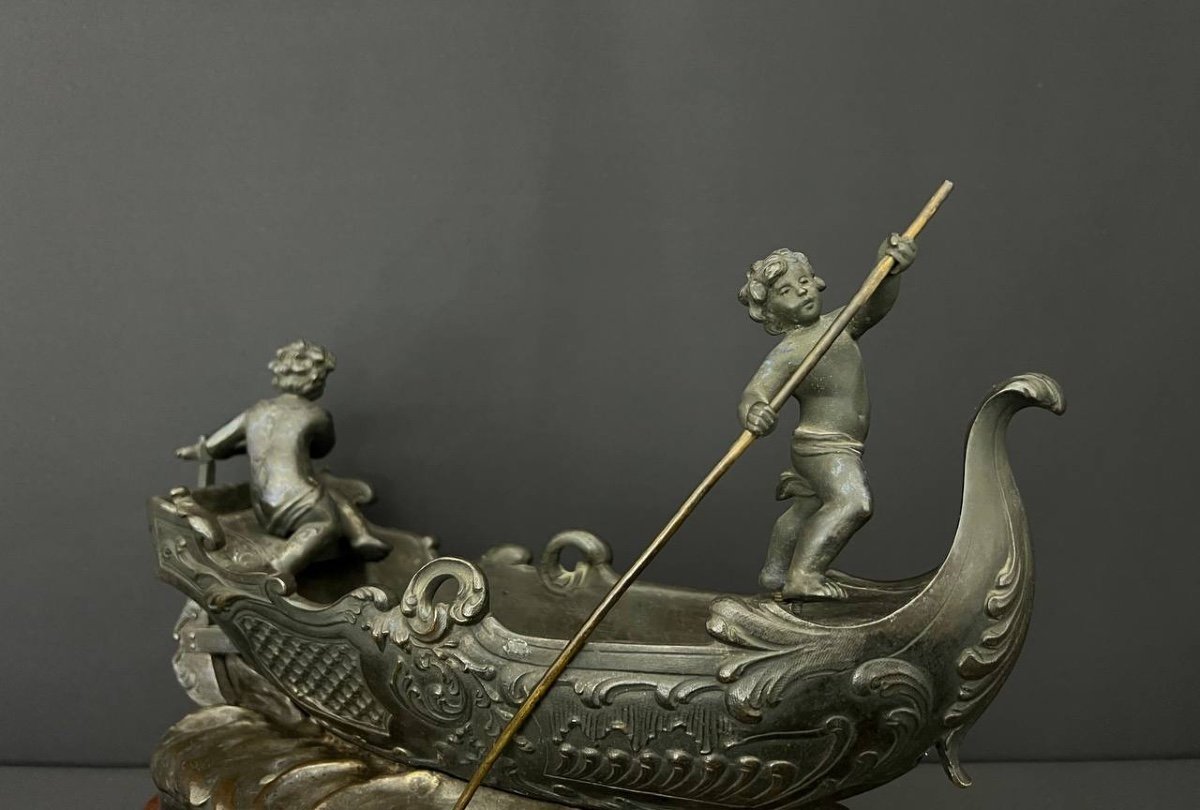 Sujet En Bronze Attribuée à Sylvain Kinsburger (1855-1935). Bateau Guidé Par Deux Amours-photo-4