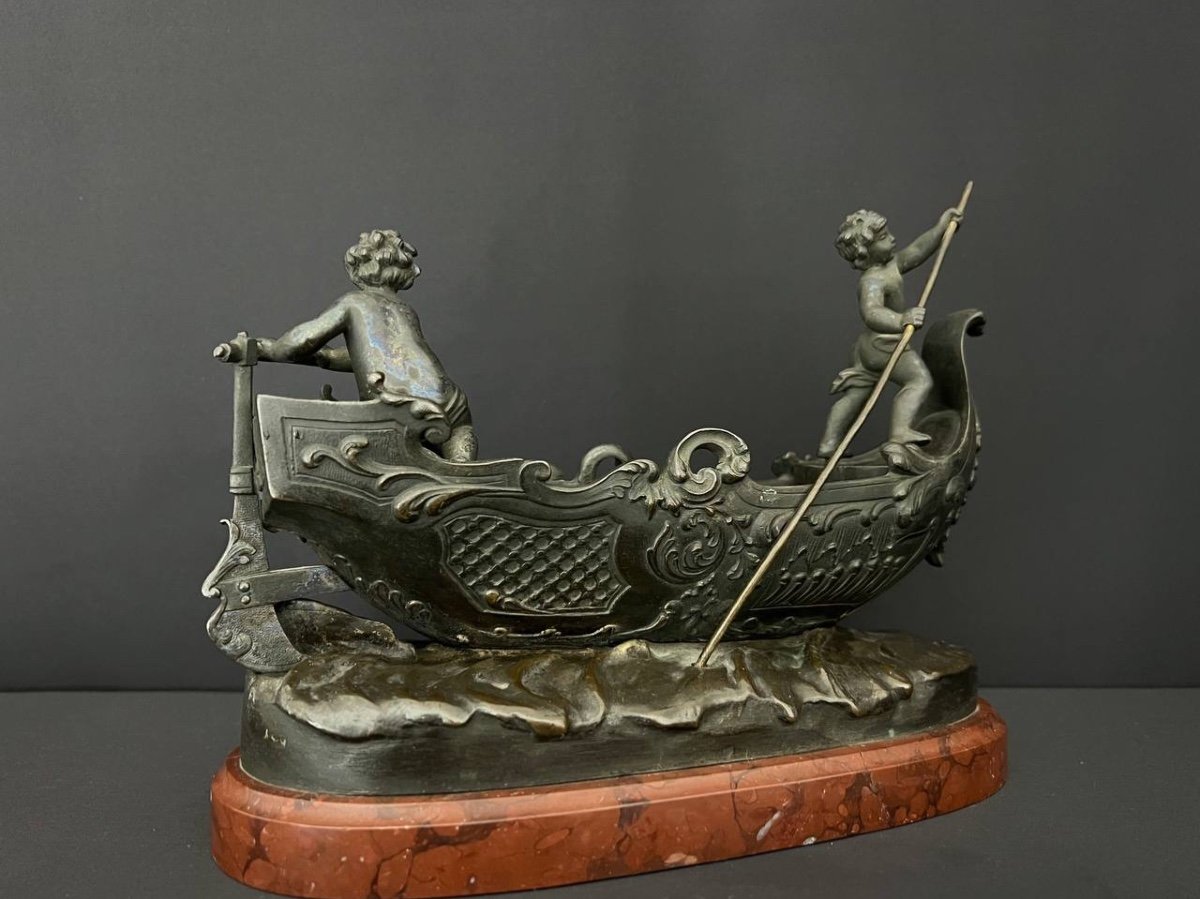 Sujet En Bronze Attribuée à Sylvain Kinsburger (1855-1935). Bateau Guidé Par Deux Amours-photo-6