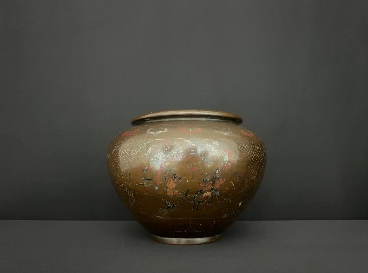 Chine Du Sud Ou Vietnam. Vase En Bronze à Décor Incrusté De Métal. XIX Siècle.-photo-3