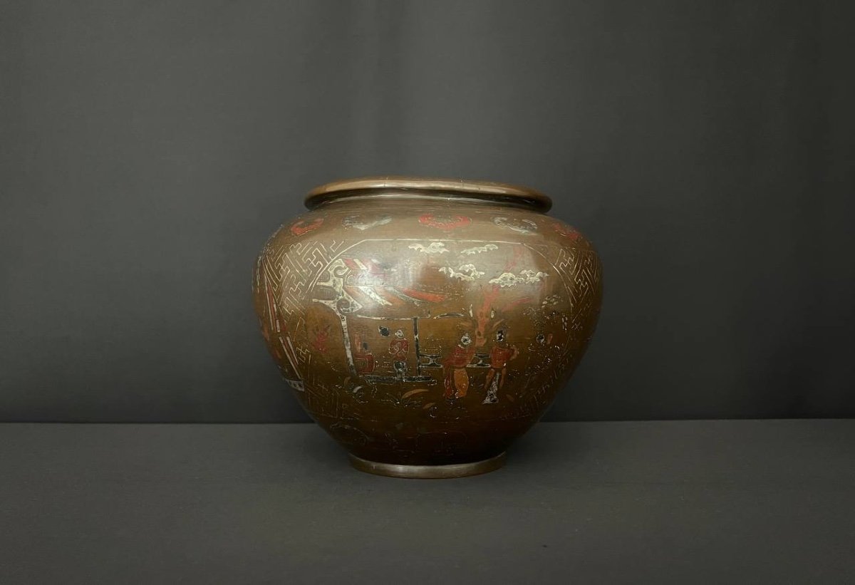 South China Or Vietnam. Bronze Vase With Metal Inlaid Decoration. 19th Century.-photo-2