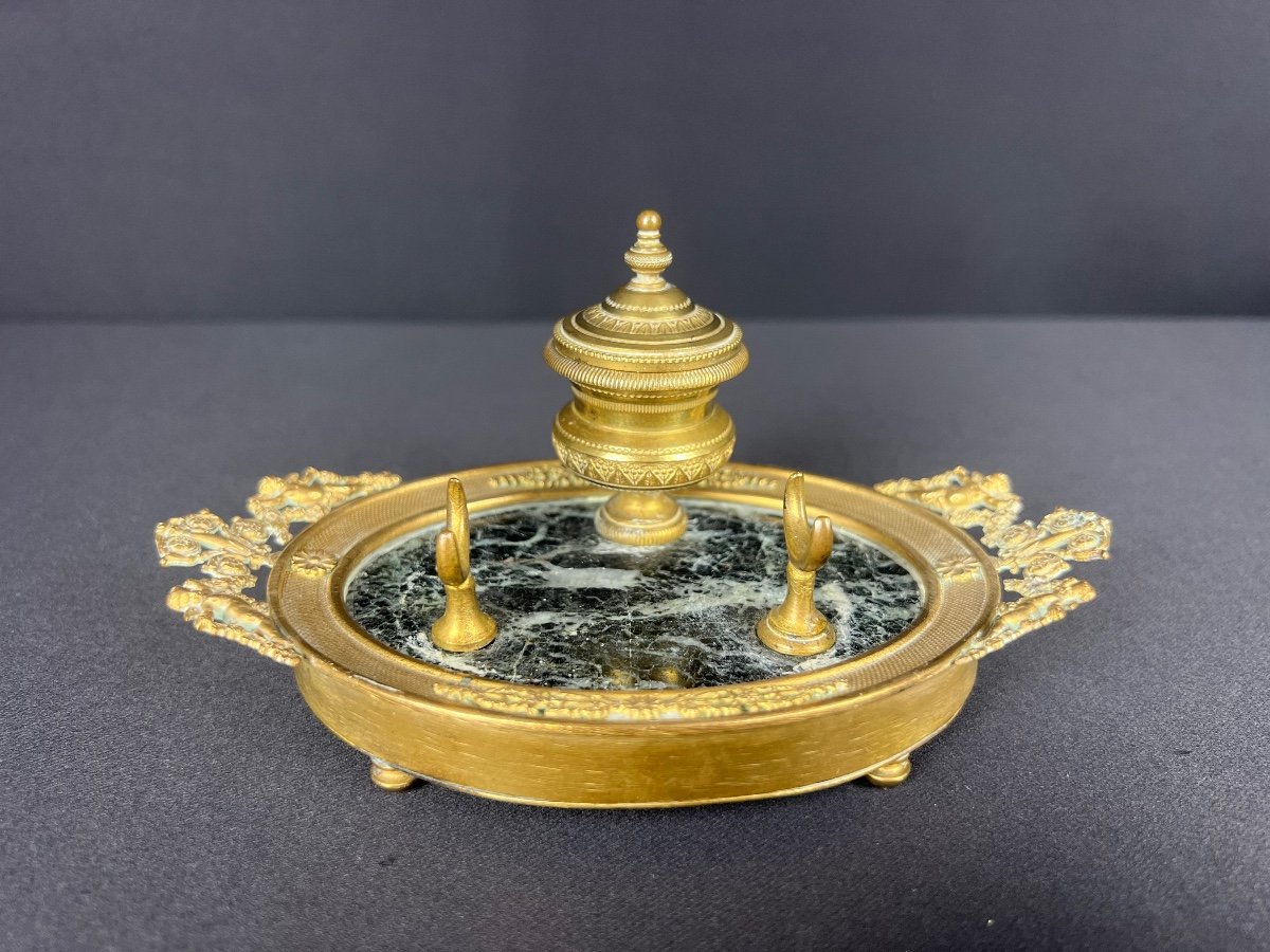 Inkwell In Green Marble And Gilded Bronze, Empire Style, 19th Century.-photo-5