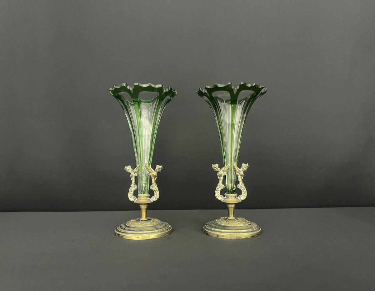 Pair Of Green Lined Crystal Cornet Vases With Bronze Mount-photo-1