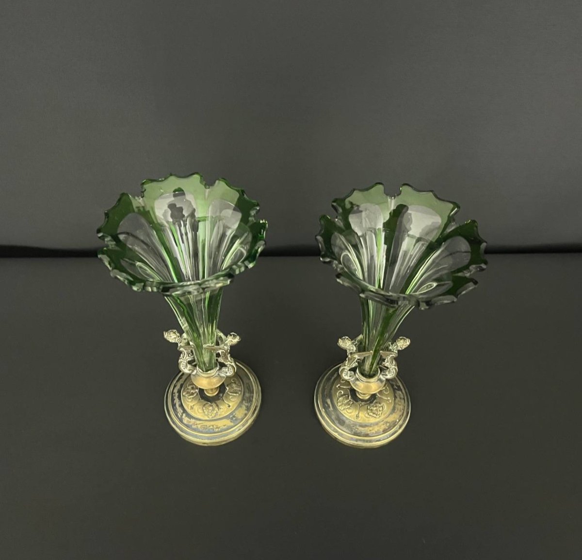 Pair Of Green Lined Crystal Cornet Vases With Bronze Mount-photo-2