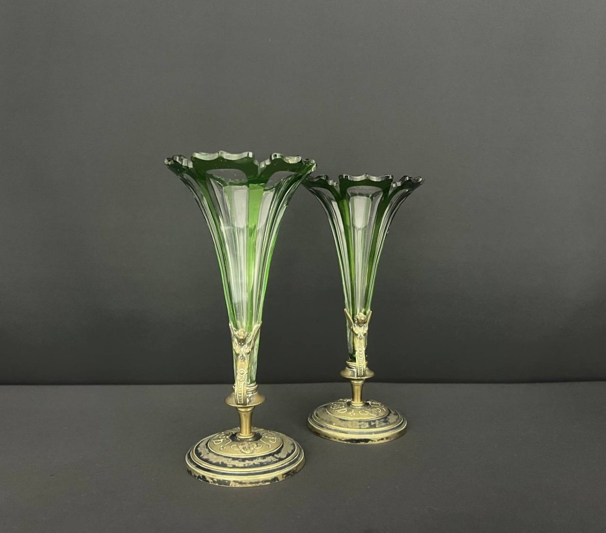 Pair Of Green Lined Crystal Cornet Vases With Bronze Mount-photo-3