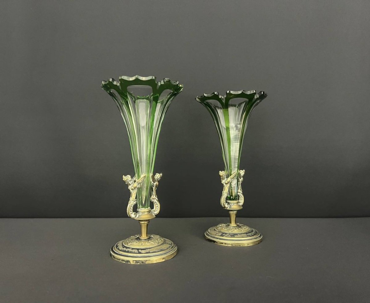 Pair Of Green Lined Crystal Cornet Vases With Bronze Mount-photo-4