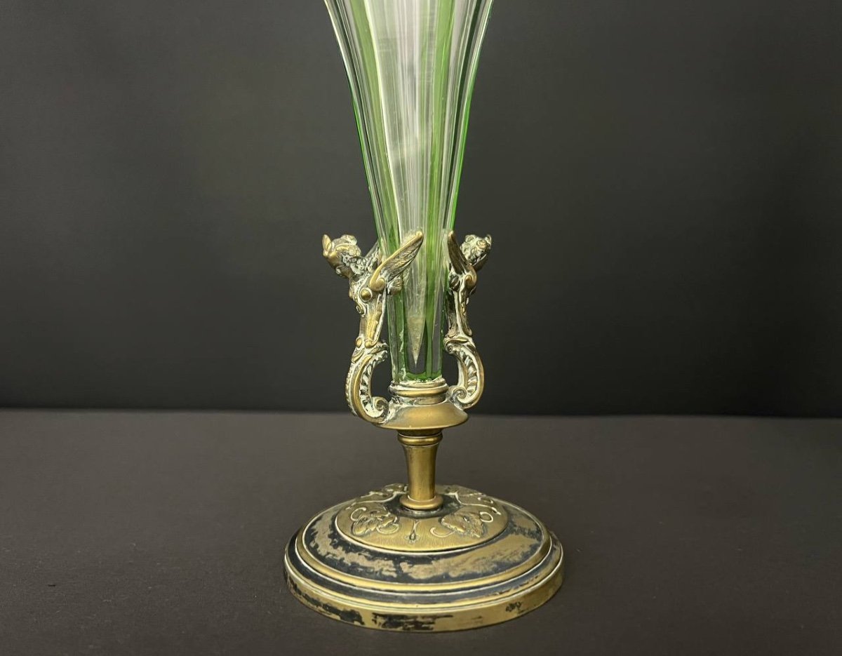 Pair Of Green Lined Crystal Cornet Vases With Bronze Mount-photo-5