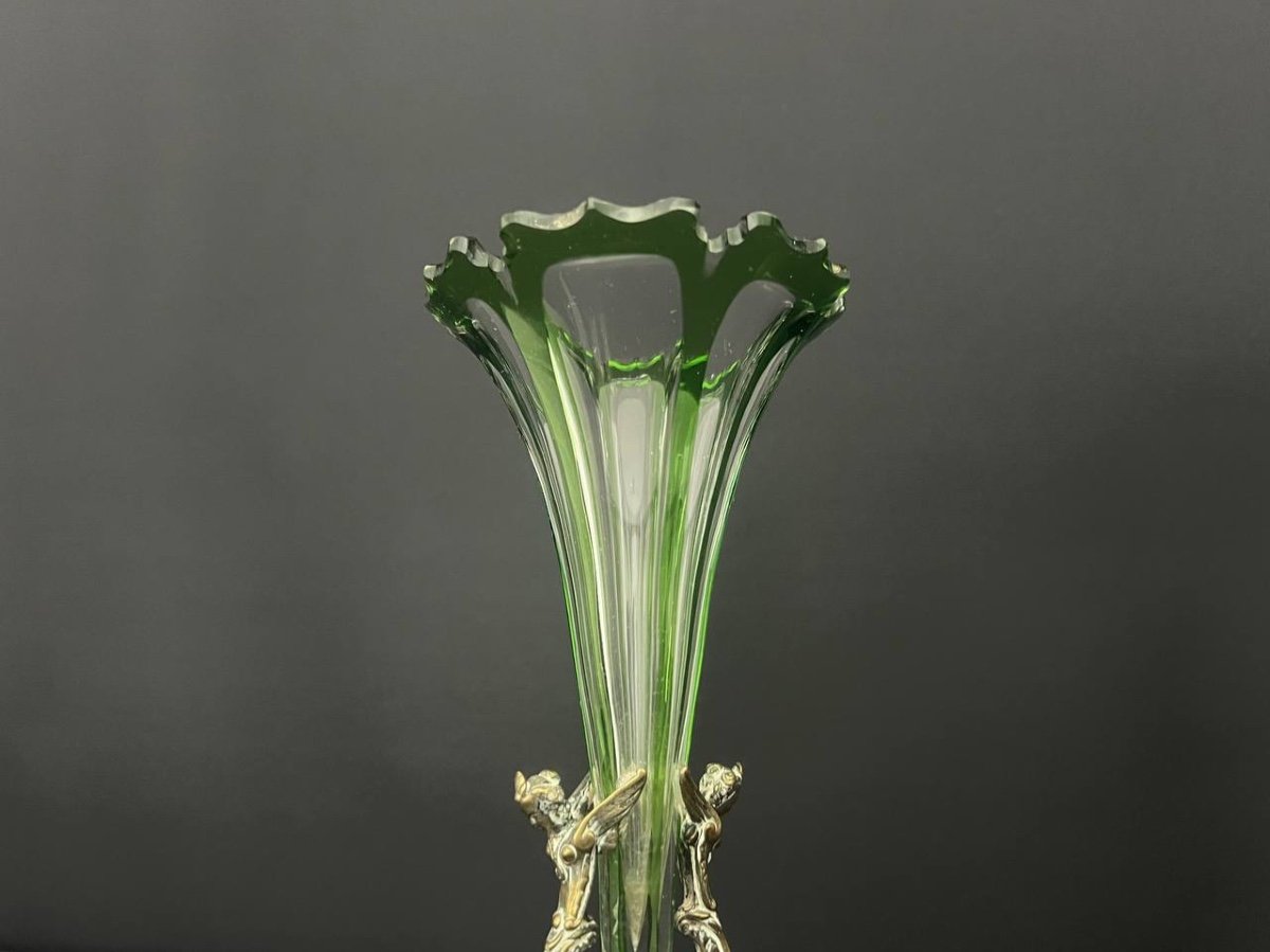 Pair Of Green Lined Crystal Cornet Vases With Bronze Mount-photo-6