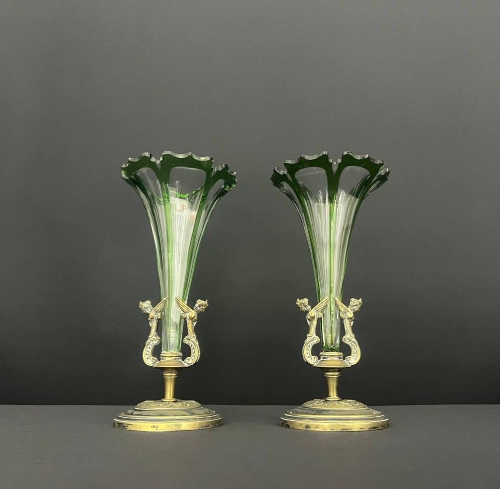 Pair Of Green Lined Crystal Cornet Vases With Bronze Mount