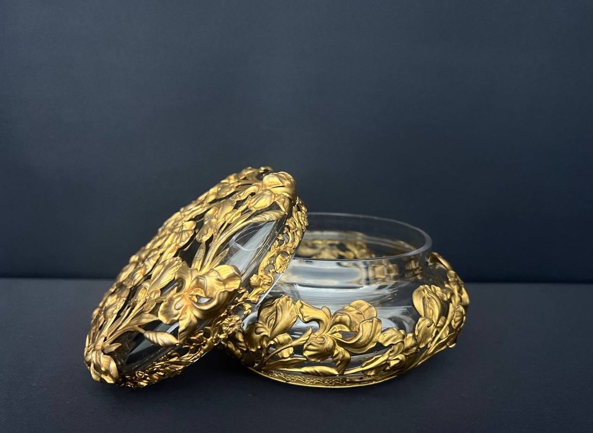 Baccarat (attributed To) Round Crystal Candy Dish With Gilded Brass Frame