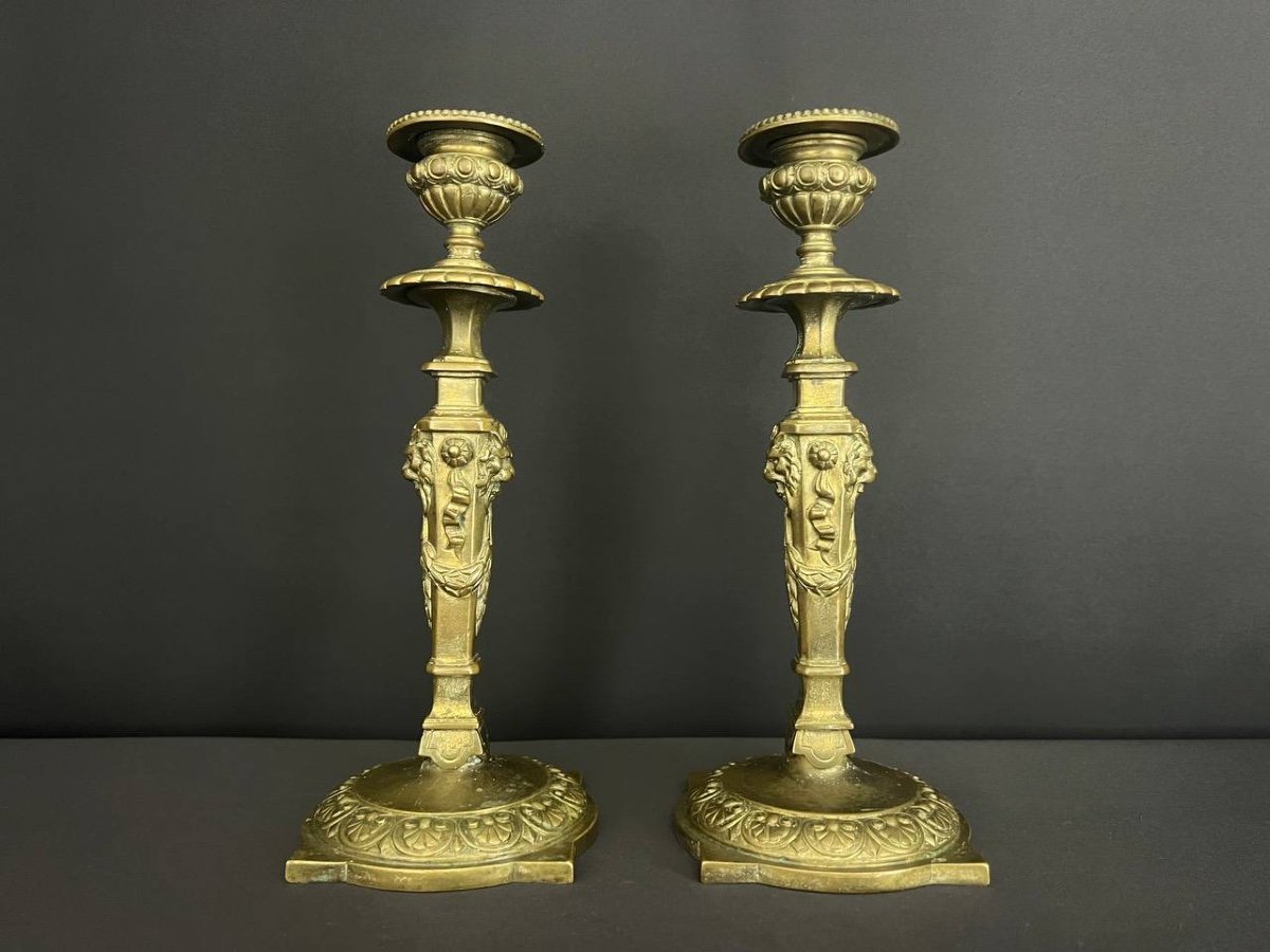 Pair Of Neoclassical Style Bronze Candlesticks, Late 19th Century-photo-2