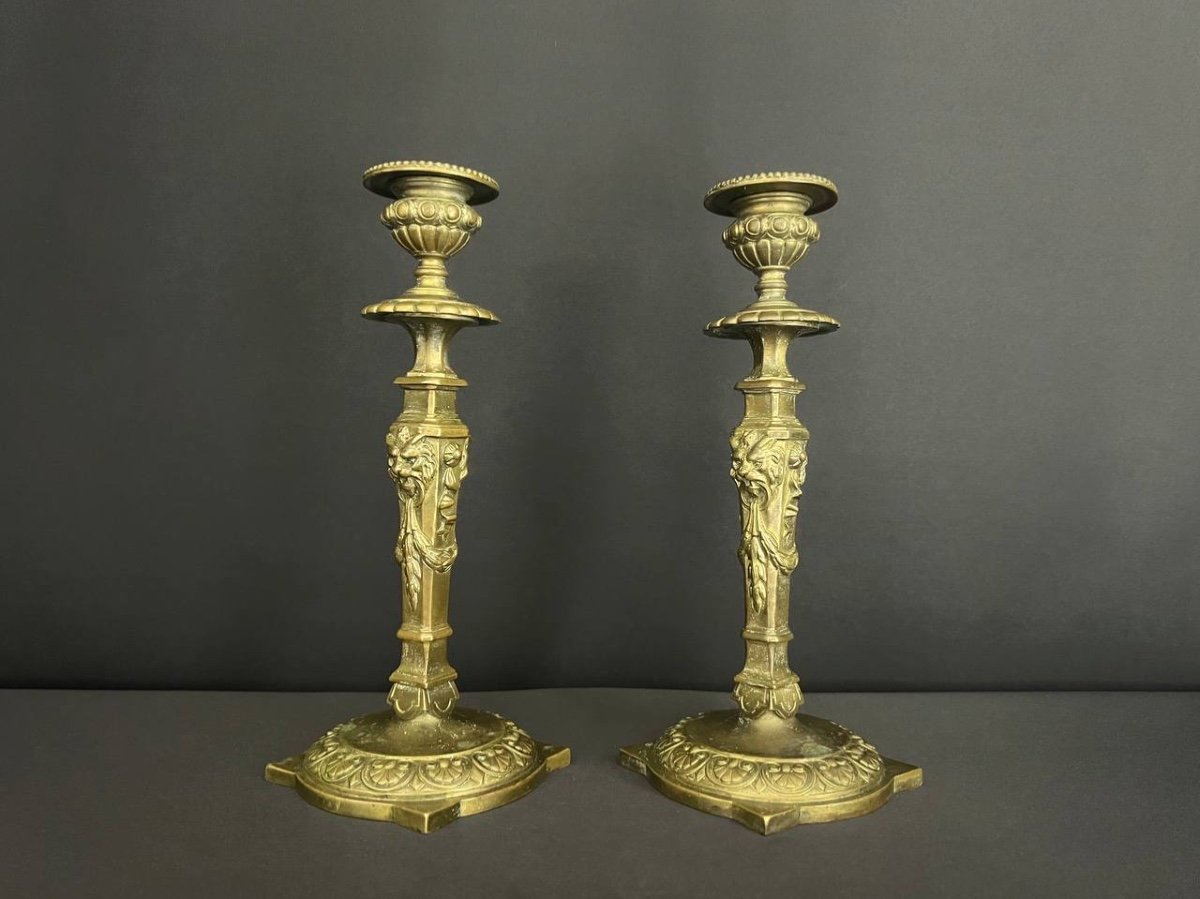 Pair Of Neoclassical Style Bronze Candlesticks, Late 19th Century-photo-3