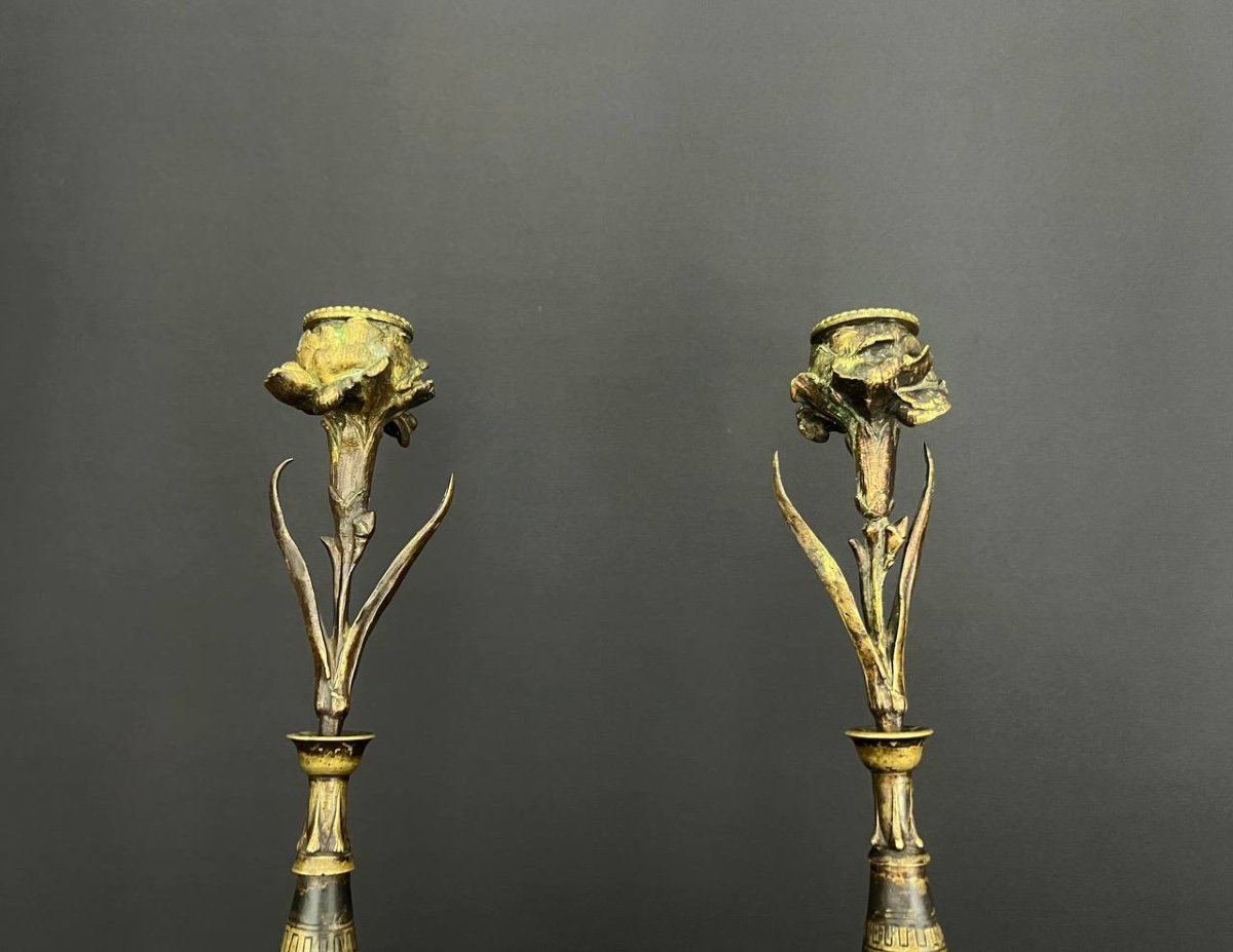 Auguste Cain (1821 – 1894) Pair Of Patinated Bronze Candlesticks-photo-2