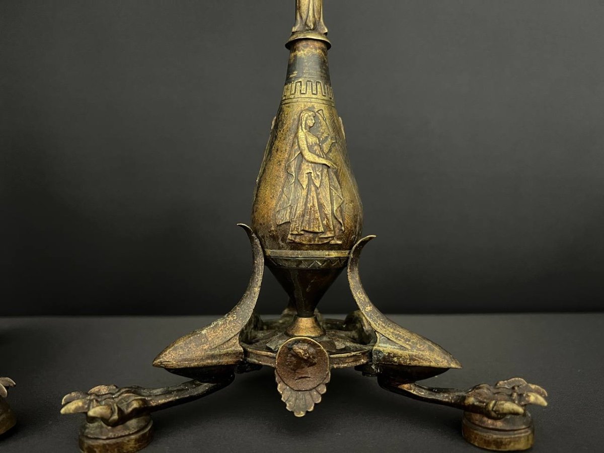 Auguste Cain (1821 – 1894) Pair Of Patinated Bronze Candlesticks-photo-4