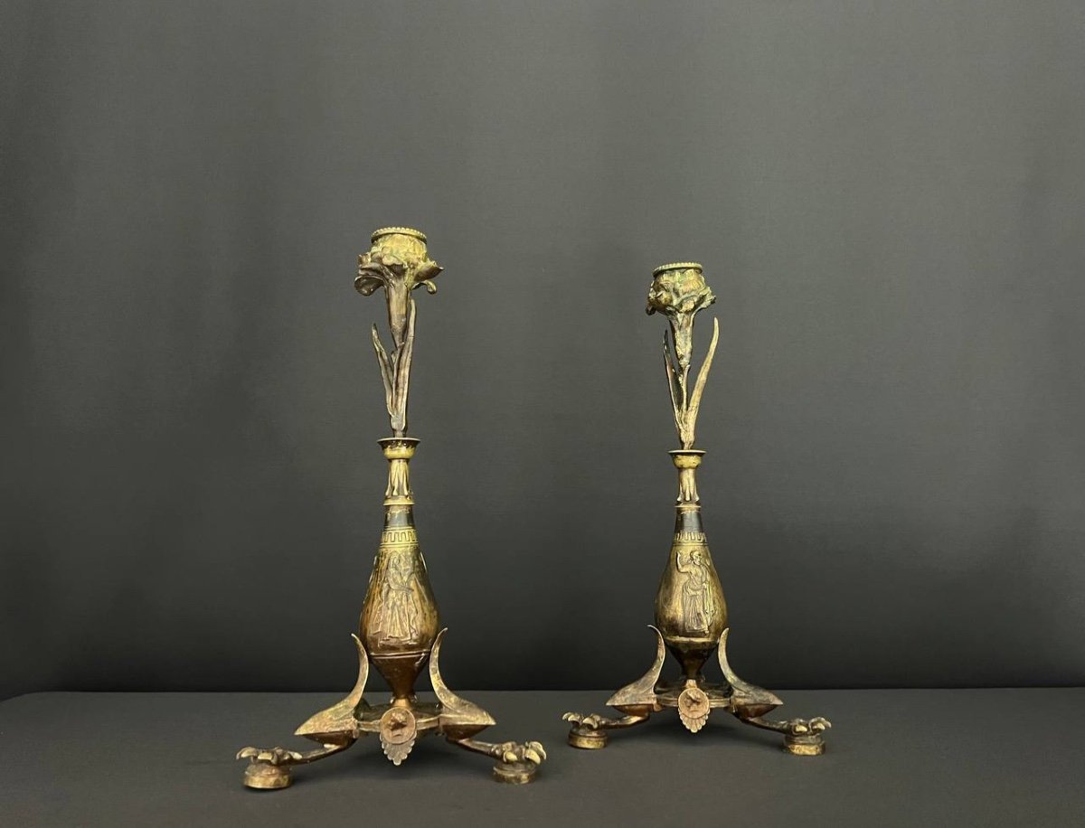 Auguste Cain (1821 – 1894) Pair Of Patinated Bronze Candlesticks-photo-7