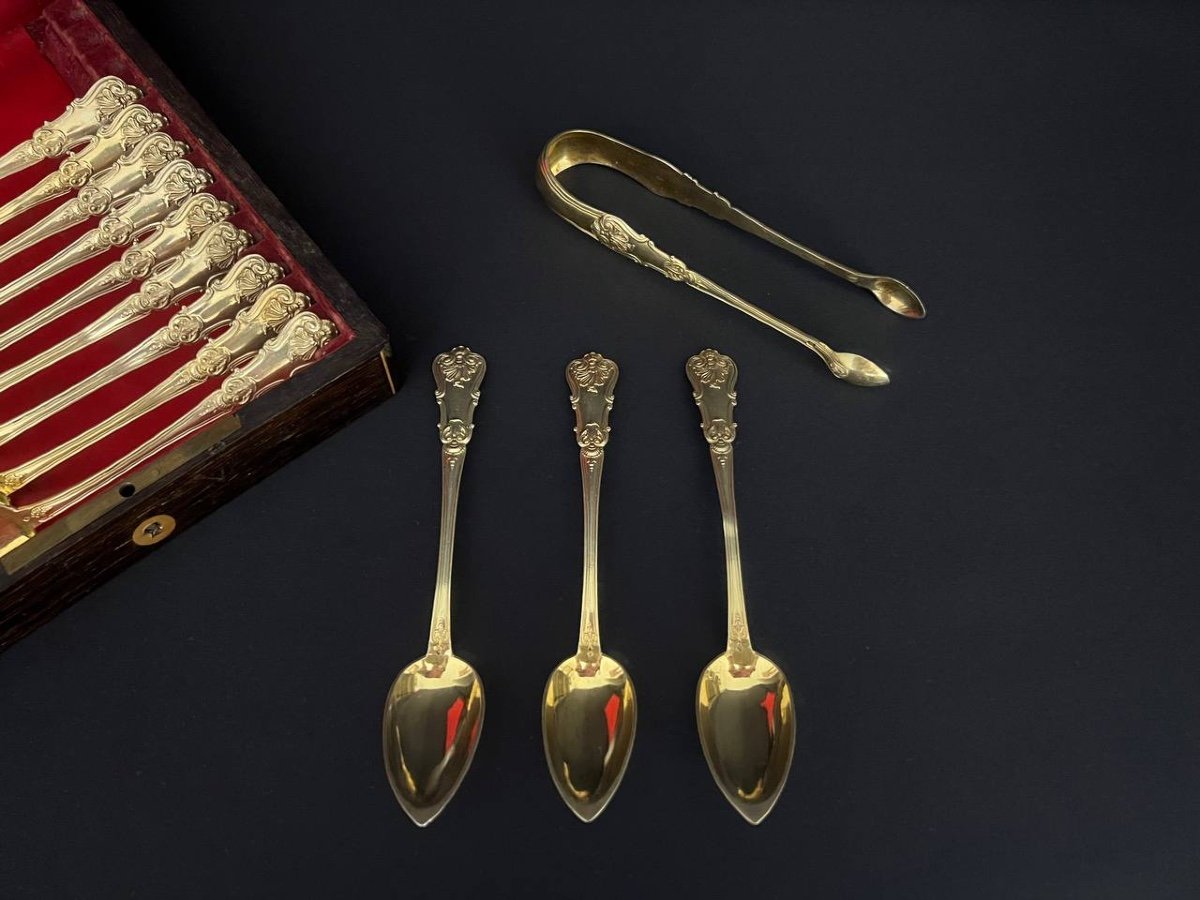 Silver-gilt Coffee Set Consisting Of 12 Spoons With Sugar Tongs-photo-3