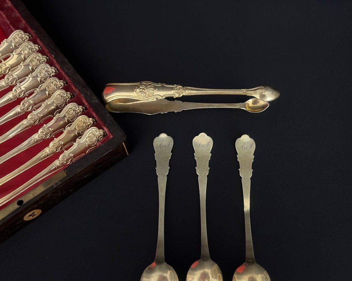 Silver-gilt Coffee Set Consisting Of 12 Spoons With Sugar Tongs-photo-5