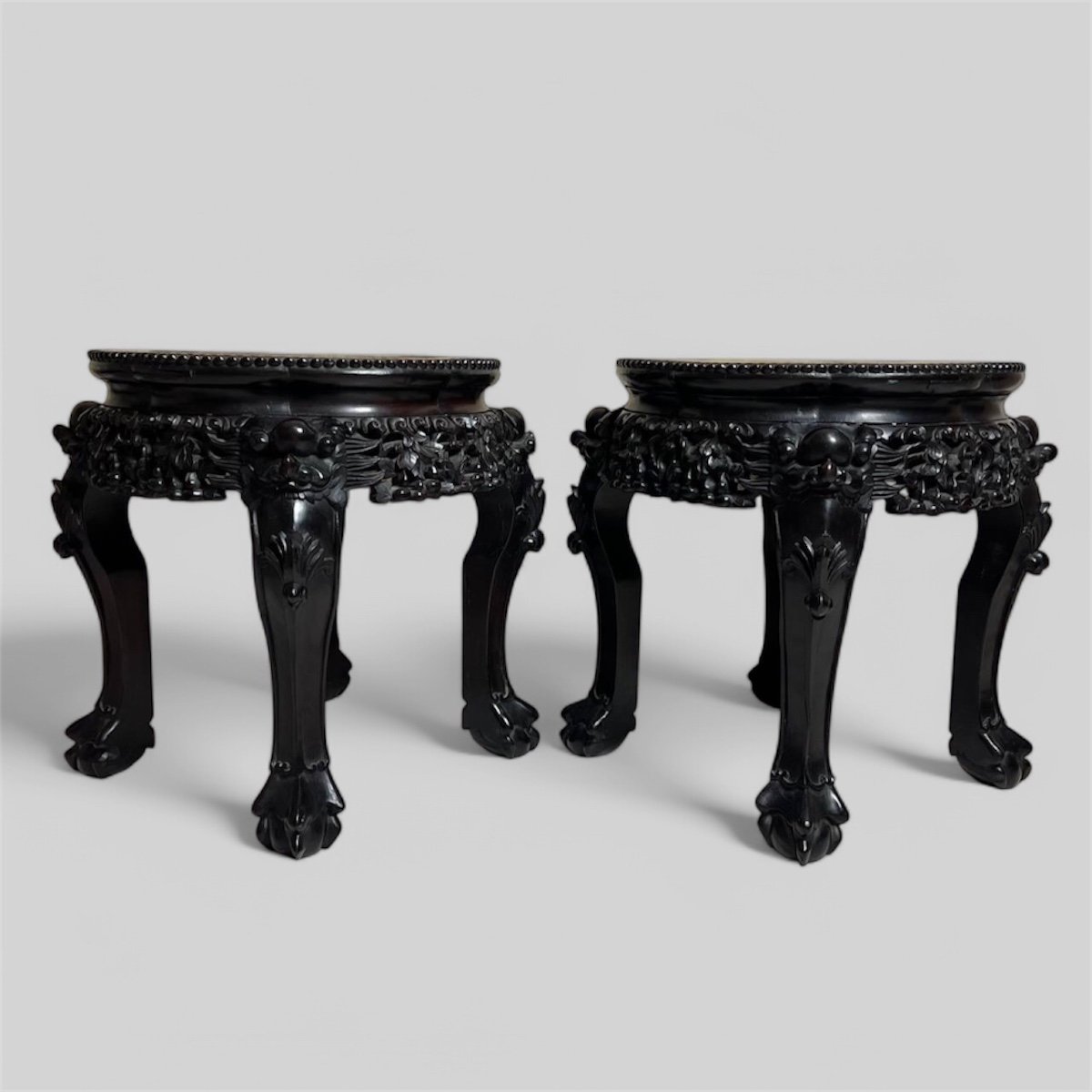 Pair Of Chinese Carved Wooden Stools With Marble Top-photo-2