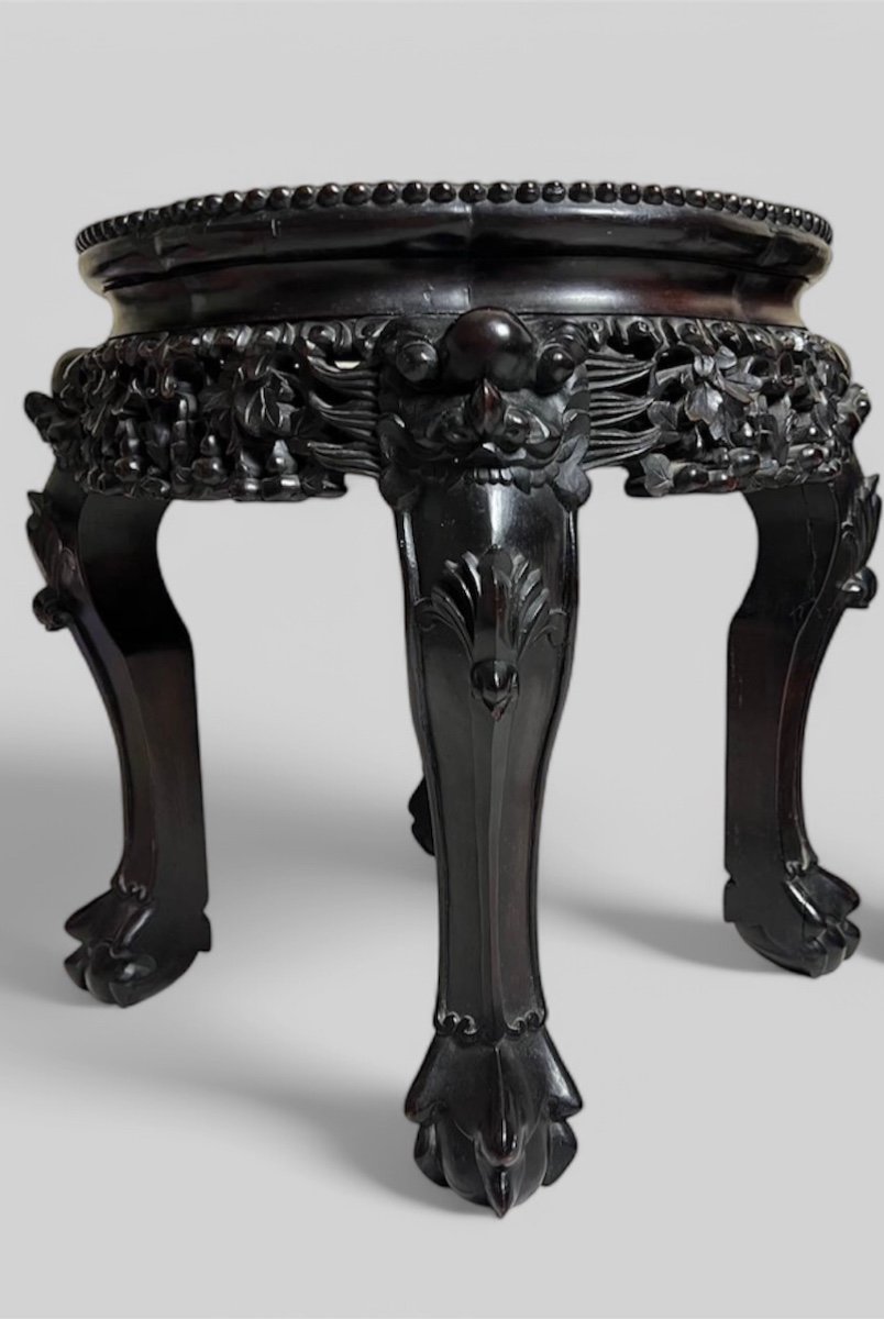 Pair Of Chinese Carved Wooden Stools With Marble Top-photo-3