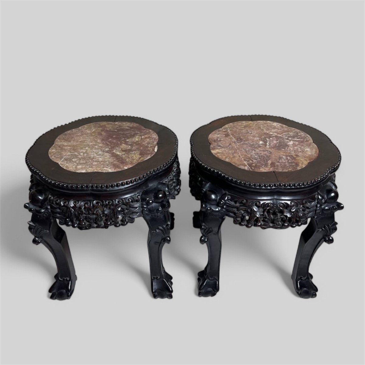 Pair Of Chinese Carved Wooden Stools With Marble Top