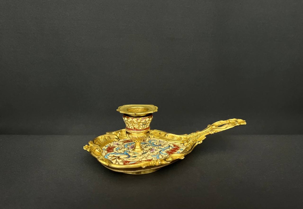 Candlestick In Gilt Bronze And Champlevé Enamel, 19th Century-photo-1