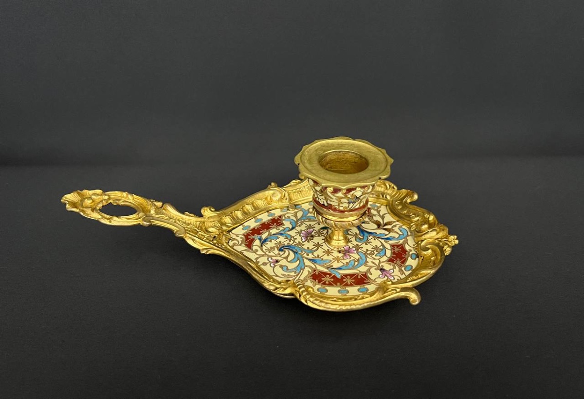 Candlestick In Gilt Bronze And Champlevé Enamel, 19th Century-photo-3