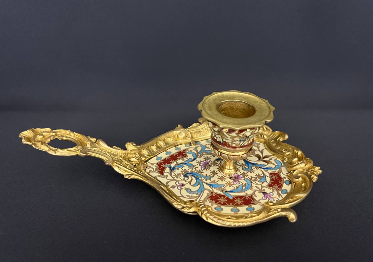 Candlestick In Gilt Bronze And Champlevé Enamel, 19th Century-photo-4