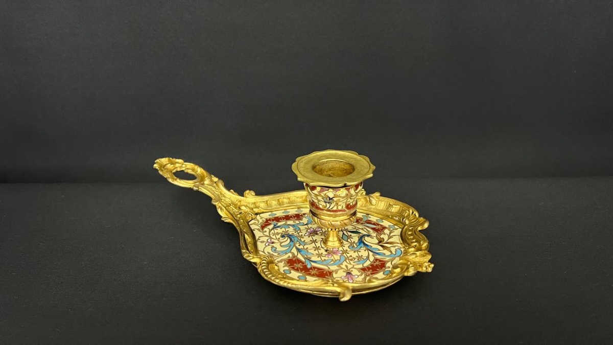 Candlestick In Gilt Bronze And Champlevé Enamel, 19th Century