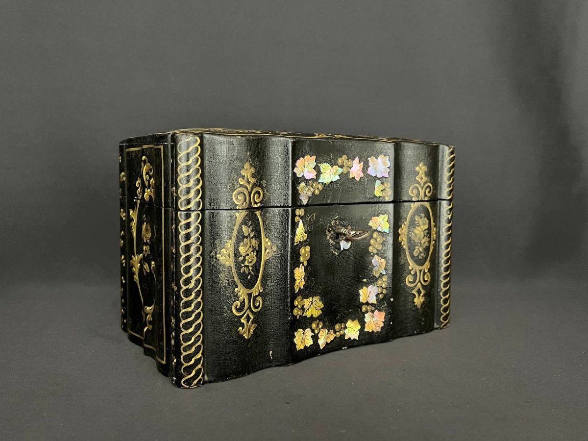 Antique Cigar Box In Black Lacquer And Mother-of-pearl - 19th Century-photo-3