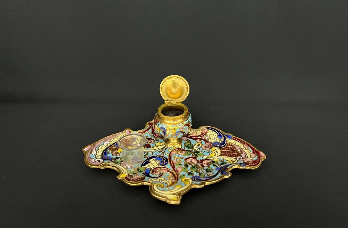 Encrier Ancien En émail Cloisonné Et Bronze Doré – Fin XIXe / Début XXe Siècle-photo-2