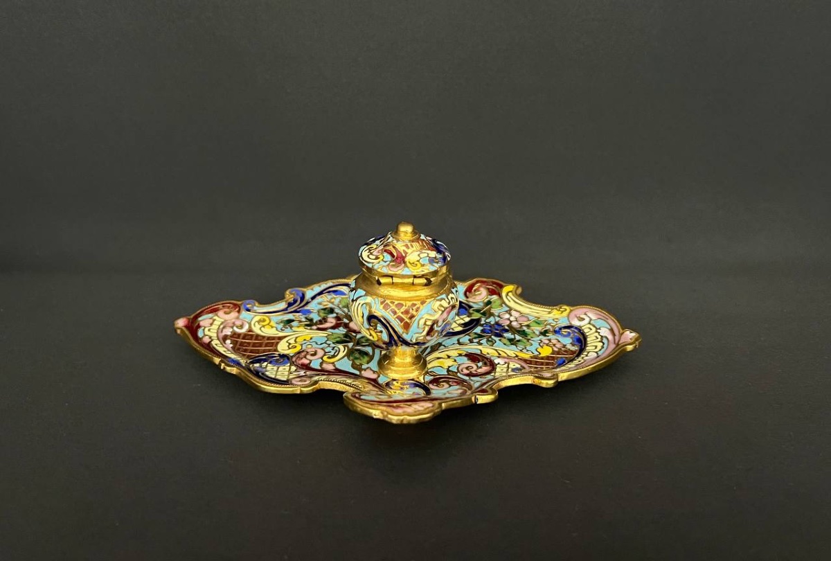 Encrier Ancien En émail Cloisonné Et Bronze Doré – Fin XIXe / Début XXe Siècle-photo-4