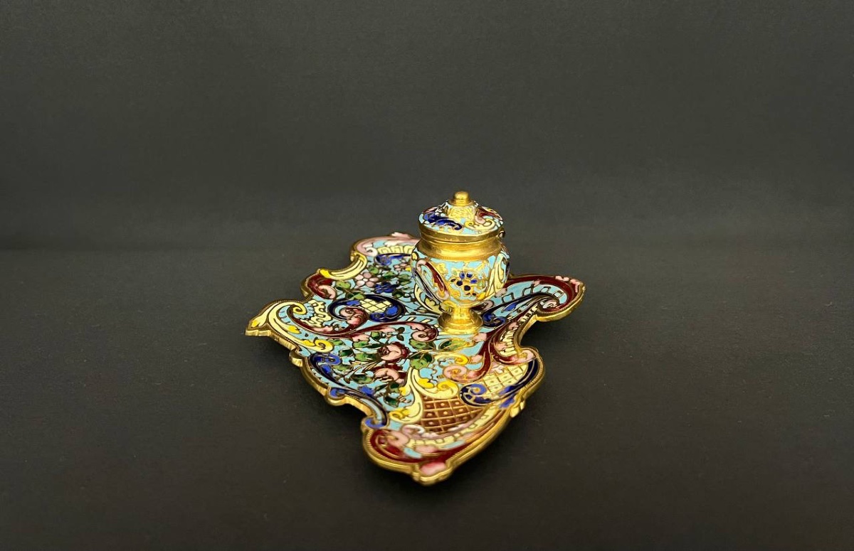 Encrier Ancien En émail Cloisonné Et Bronze Doré – Fin XIXe / Début XXe Siècle-photo-5