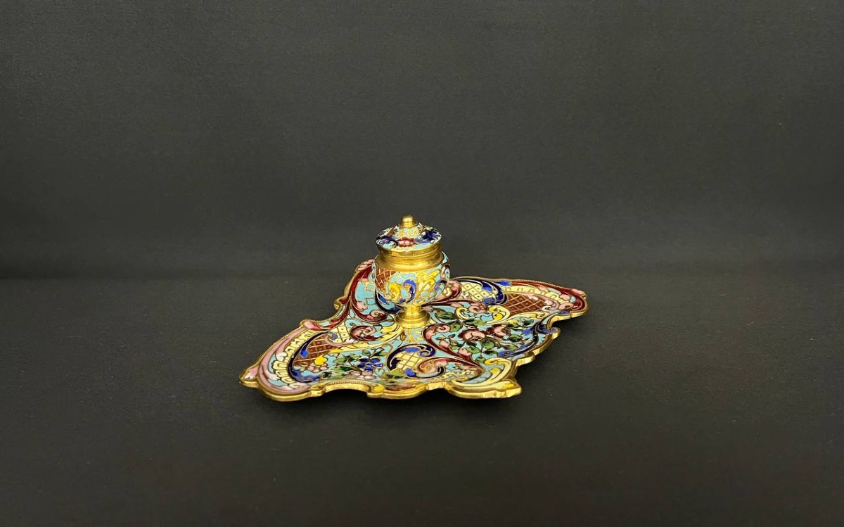 Encrier Ancien En émail Cloisonné Et Bronze Doré – Fin XIXe / Début XXe Siècle-photo-6