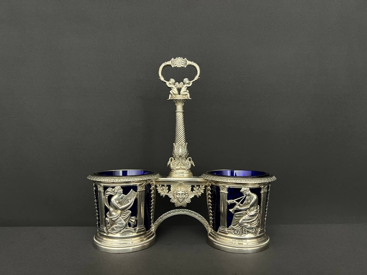 Double Salt Cellar In Solid Silver And Cobalt Blue Glass, Empire Style.