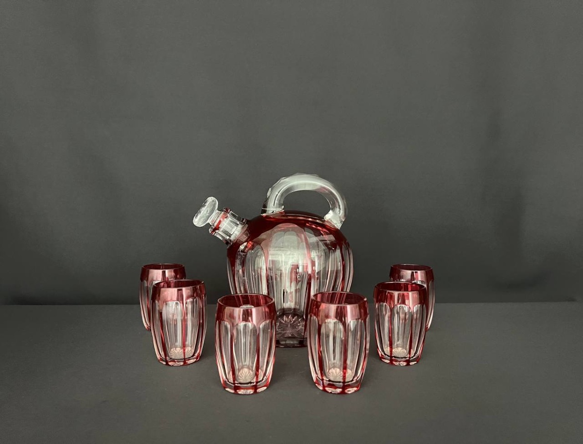 Red Lined Crystal Liqueur Service (attributed To St Louis)-photo-1