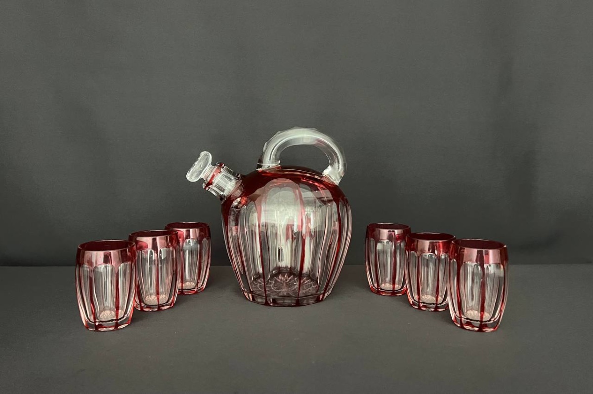 Red Lined Crystal Liqueur Service (attributed To St Louis)