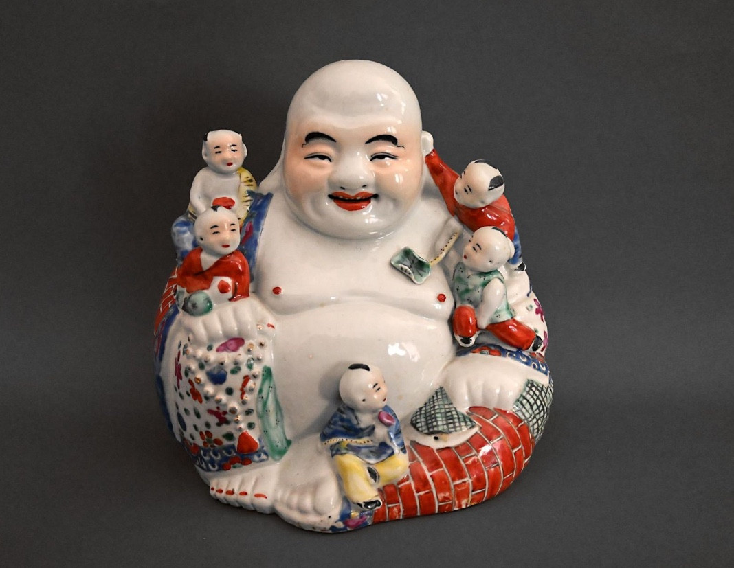 Polychrome Porcelain Laughing Buddha Surrounded By Five Children. 