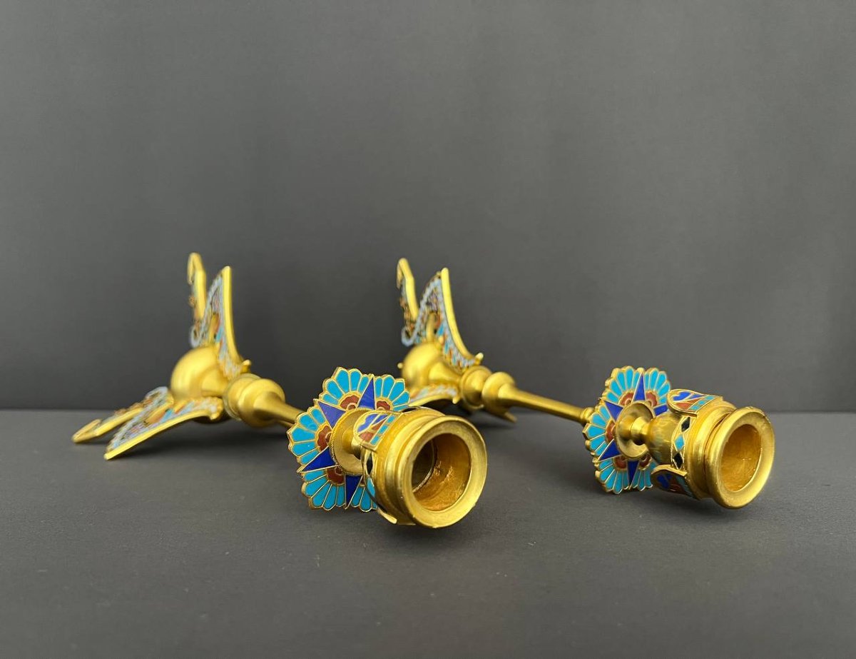 Pair Of Gilt And Enameled Bronze Candlesticks – Neo-gothic Style, 19th Century-photo-2