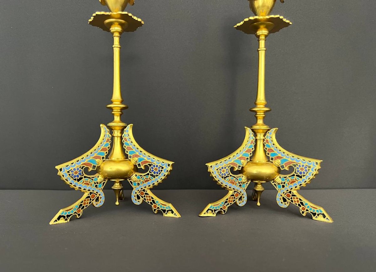 Pair Of Gilt And Enameled Bronze Candlesticks – Neo-gothic Style, 19th Century-photo-3