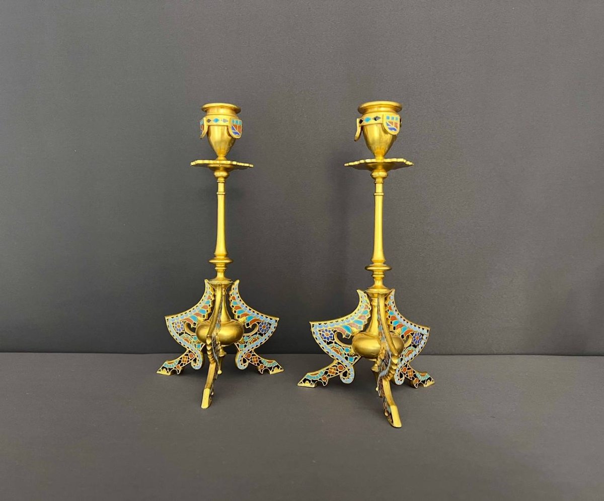 Pair Of Gilt And Enameled Bronze Candlesticks – Neo-gothic Style, 19th Century-photo-4