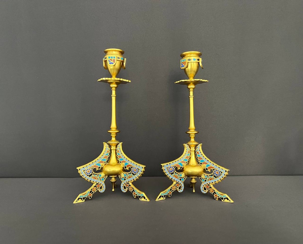 Pair Of Gilt And Enameled Bronze Candlesticks – Neo-gothic Style, 19th Century