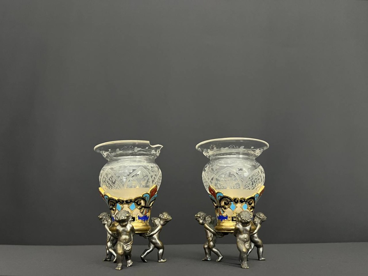 Pair Of Antique Crystal And Silver-plated Bronze Vases – Eclectic Style, Late 19th – Early 20th Century -photo-2