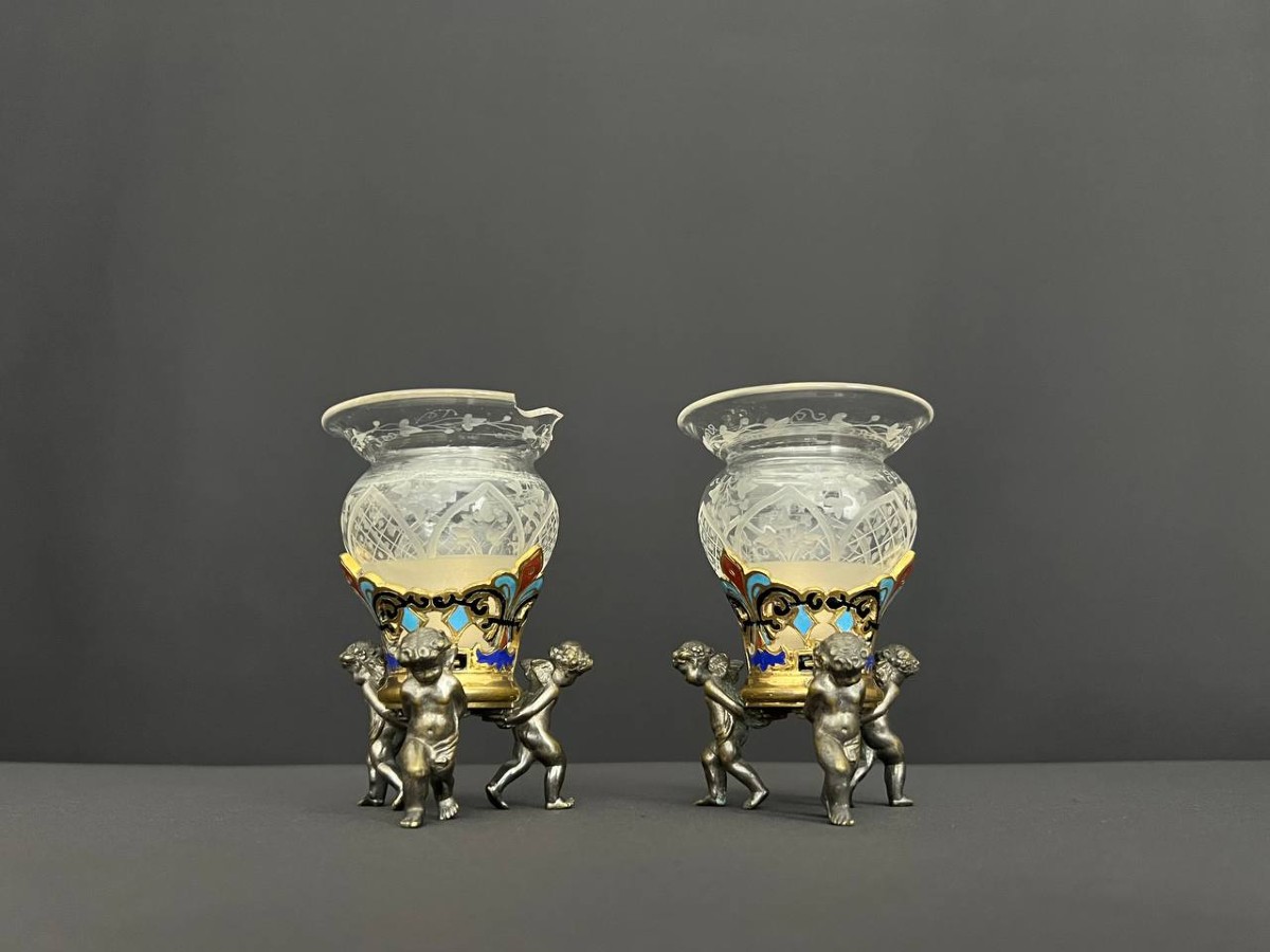 Pair Of Antique Crystal And Silver-plated Bronze Vases – Eclectic Style, Late 19th – Early 20th Century -photo-3