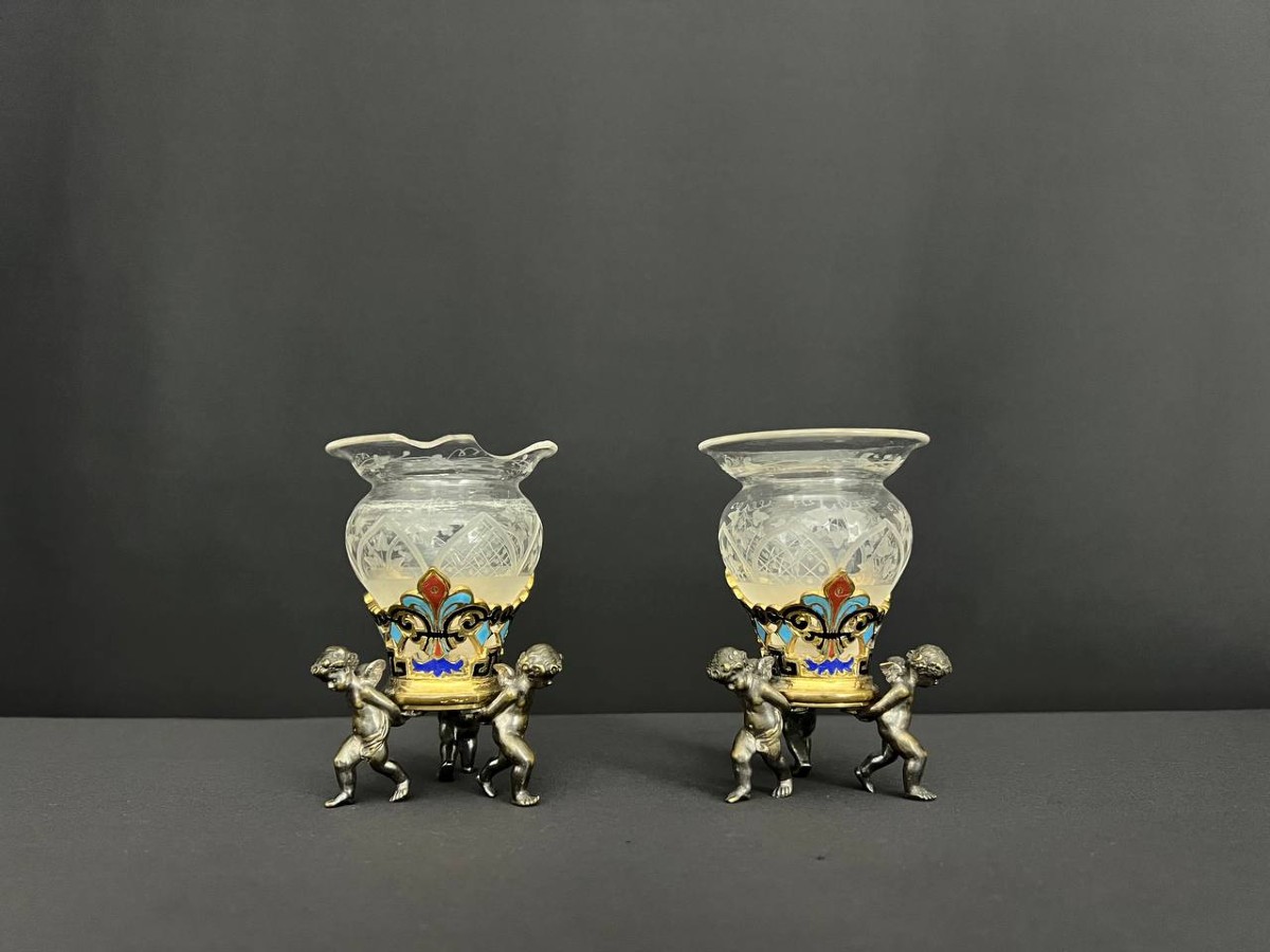 Pair Of Antique Crystal And Silver-plated Bronze Vases – Eclectic Style, Late 19th – Early 20th Century -photo-4